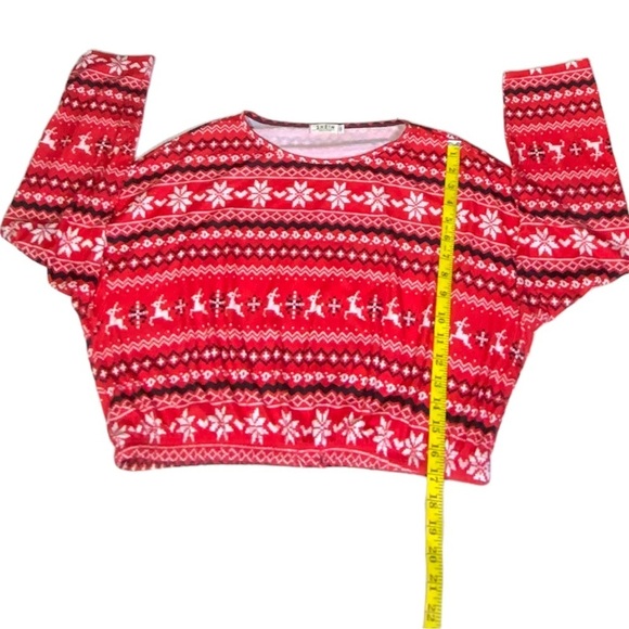 Christmas Crop Top Holiday Tee Blouse Shirt Long Sleeve Stretchy Red White 1XL - Picture 2 of 16